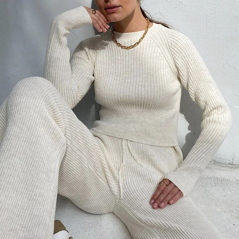 Summer Knitted Sweat Suits Women Matching Sets Long Sleeve Hoodie+wide-legged Pants Loungewear Sweater Set Two Piece Outfits