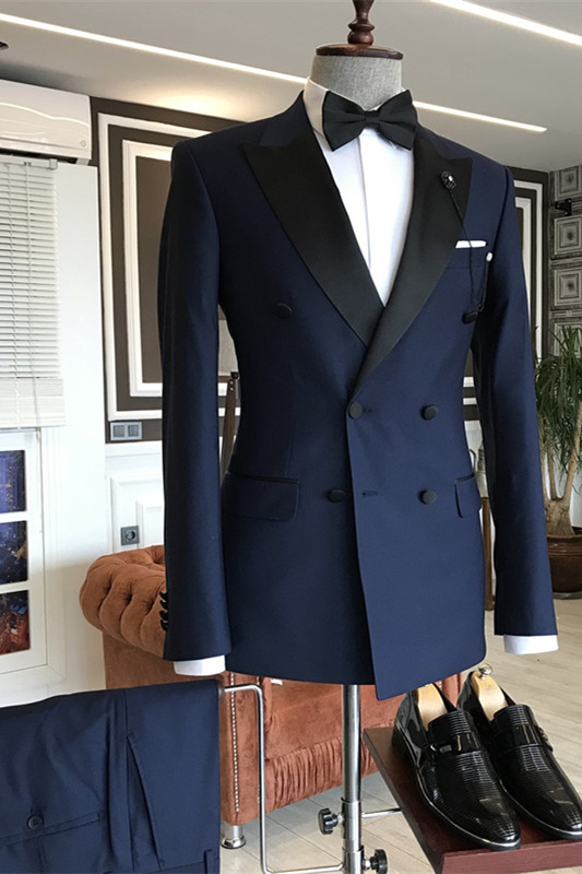 Simple Double Breasted Dark Navy Prom Suits For Guys With Peaked Lapel | Risias