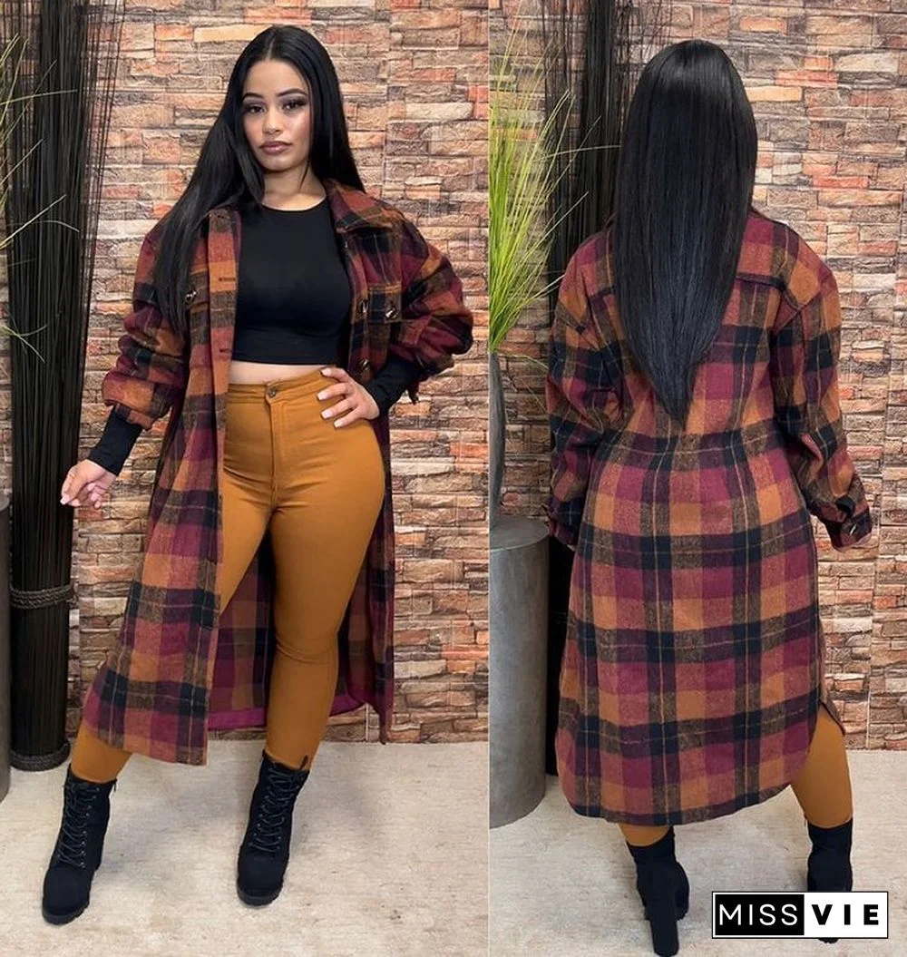 Plaid Print Retro Lapel Single-breasted Long Shirts