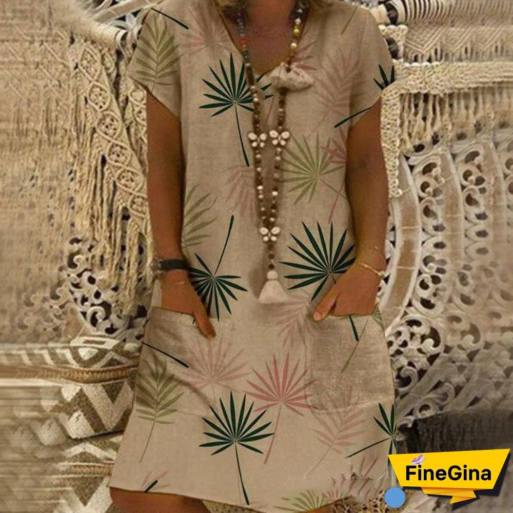 V Neck Leaves Printed Shift Dress With Pockets