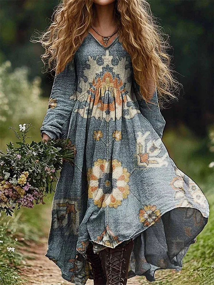 Women's Retro Ethnic Art Pattern V-Neck Pocket Cotton Dress
