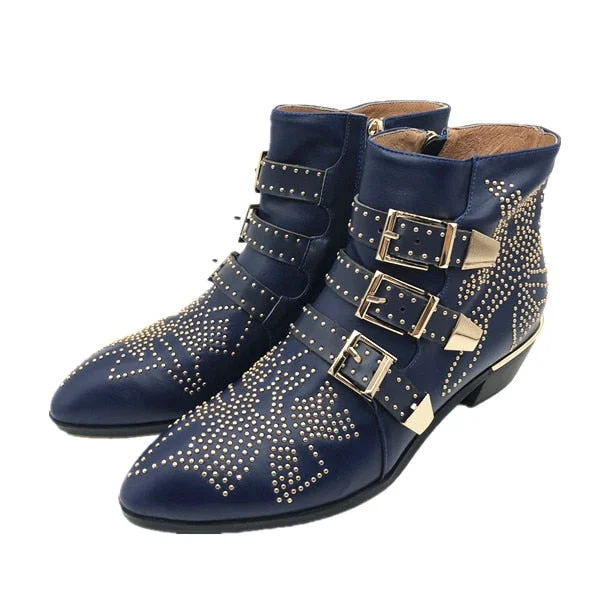 Luxury Brand Women Ankle Boots Gold Silver Rivet Studded Flower Genuine Leather Shoes Pointed Toe Low Heel Ladies Boots Mujer