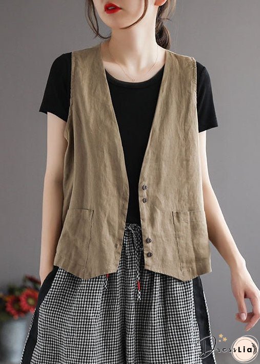 Plus Size Orange V Neck Pockets Linen Vest Tops Sleeveless