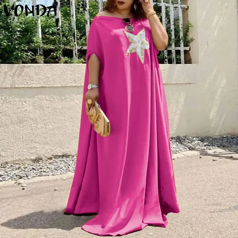 VONDA 2022 Women Summer Off Shoulder Sexy Dress Vintage Short Sleeve Star Print Maxi Long Dresses Ladies Party Vestidos Oversize