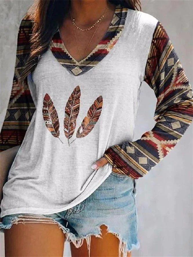Women Long Sleeve V-neck Printed Striped Top