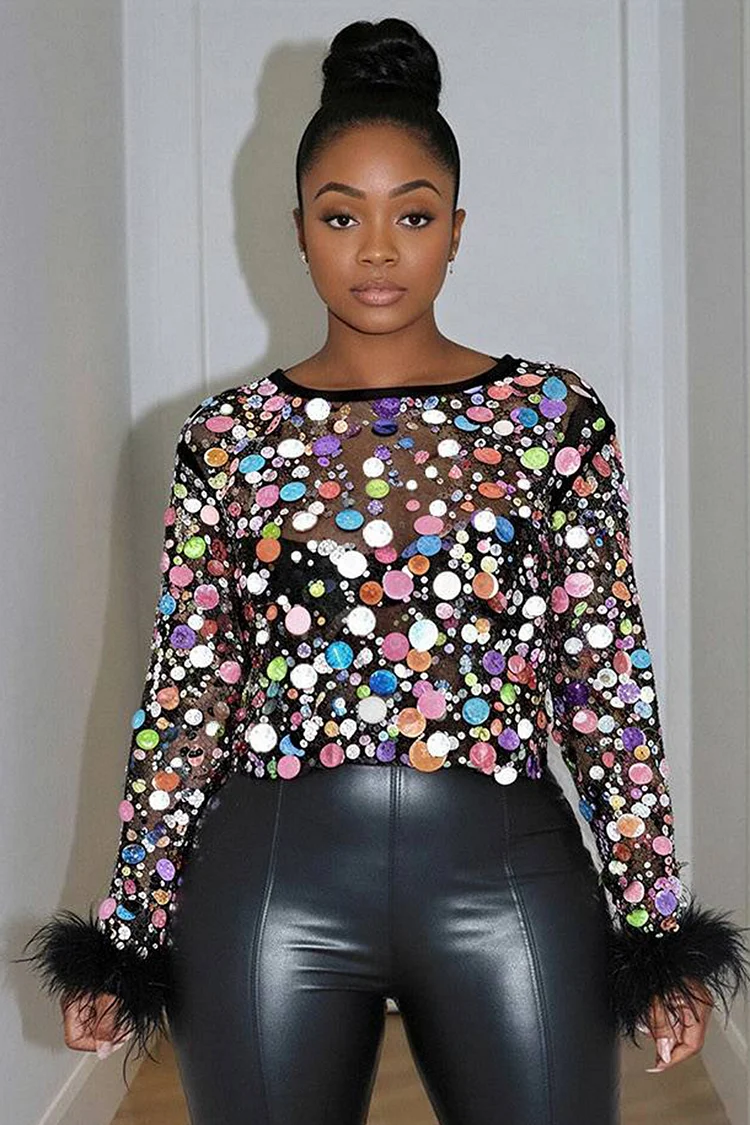 Plus Size Party Blouse Black Round Neck Disco Sequin Feather Mesh See-Through Blouse  2024 - Xpluswear