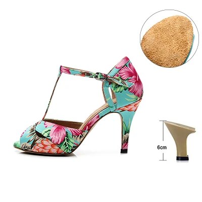 VCshoes Woman Latin Ballroom Flower Print Dance Shoes Silk Stain Suede Sole Jazz Salsa Cuban Slim Heels Ladies Open Toes Stiletto