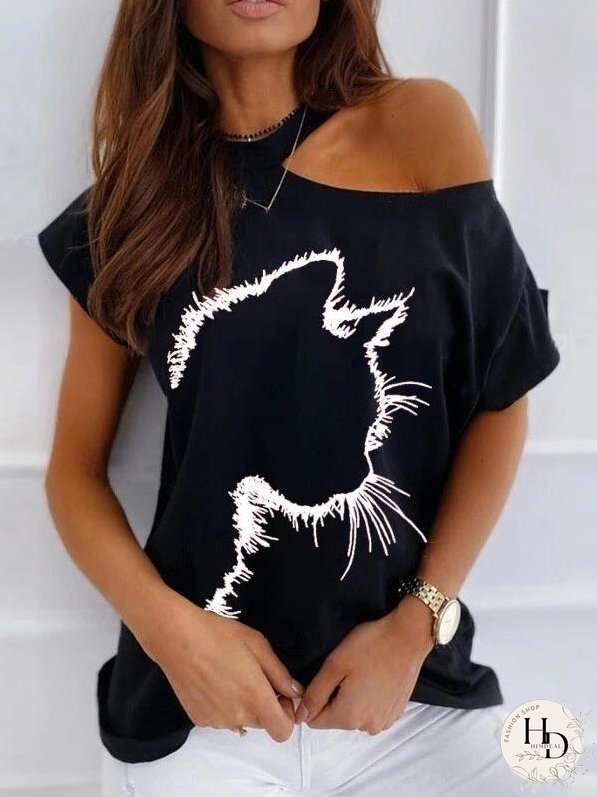 Cat Print Off The Shoulder Casual T-shirt for Women