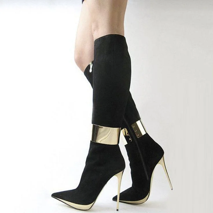 Black and Gold Knee High Suede Stiletto Boots Vdcoo