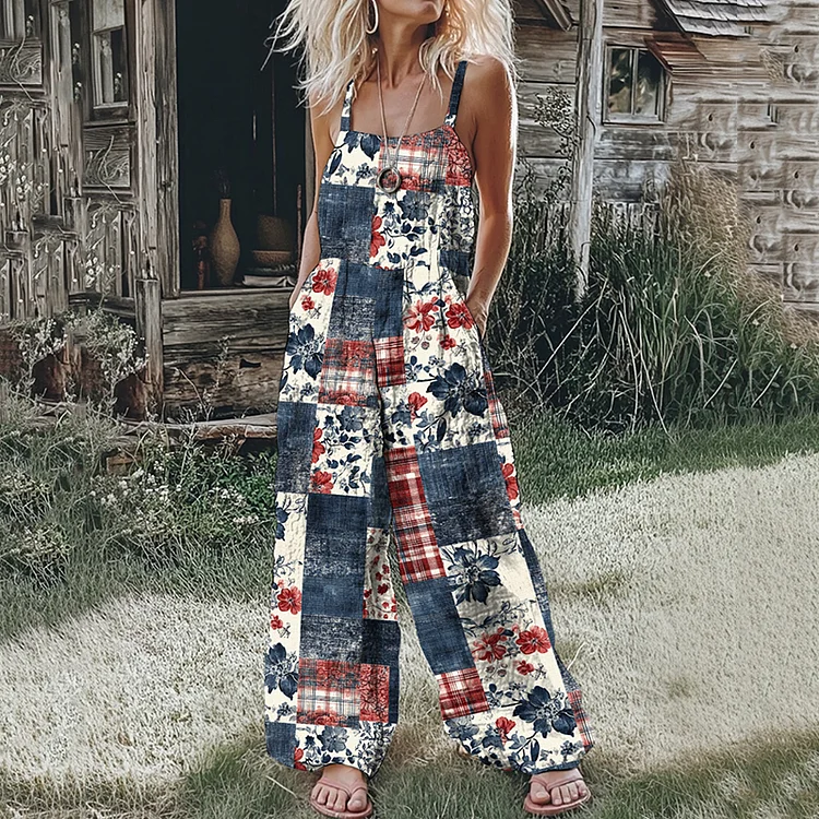 Utbros Women's Vintage Independence Day Floral Art Print Casual Jumpsuit