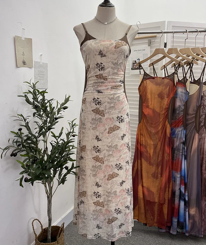 Uveng Sexy Tie-Dye Print Dress Waist Folded Folded Black Back Mesh Slings Long Skirt 888825