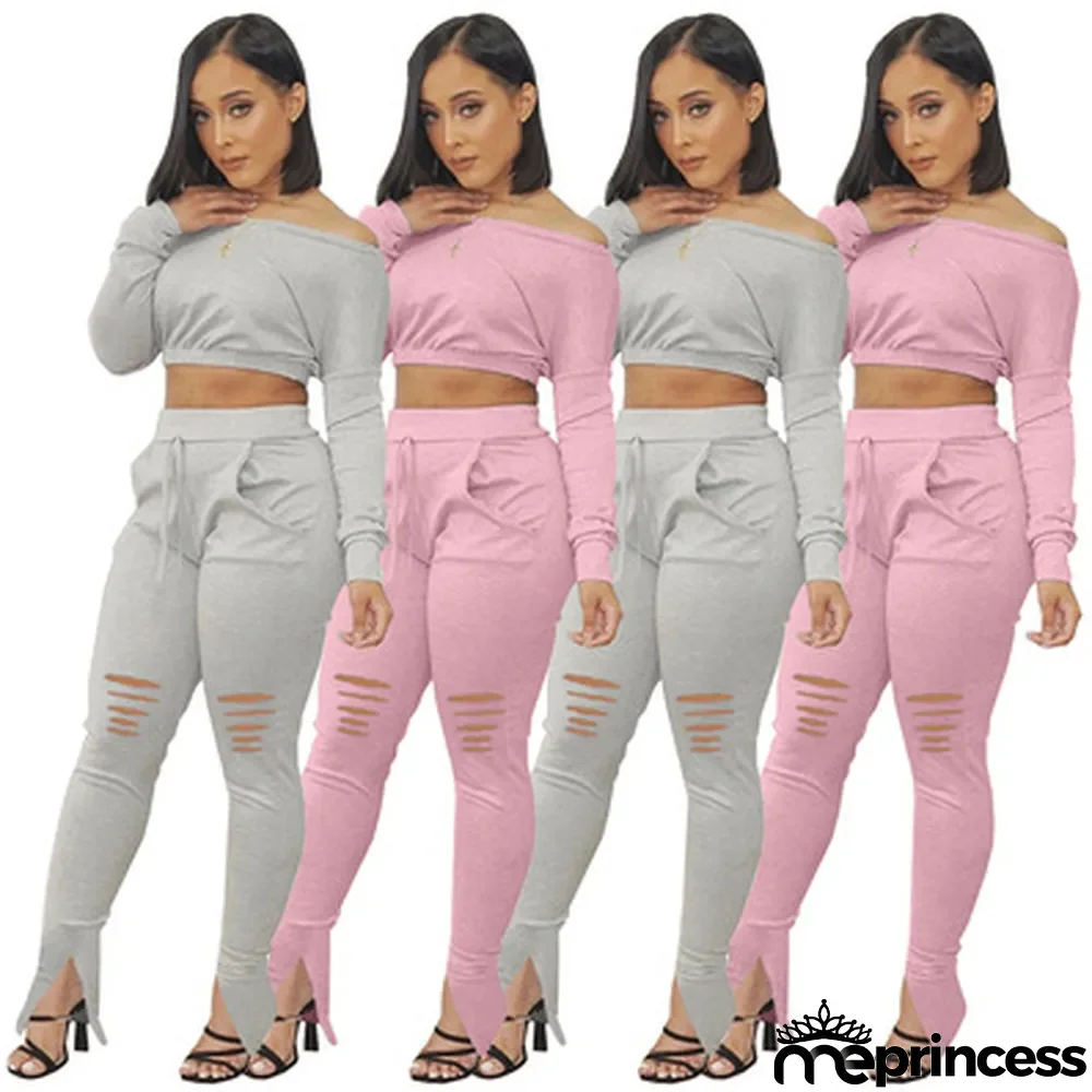 Fashion Solid Color Diagonal Shoulder Top Ripped Pants Suit