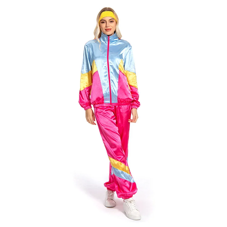 70s 80s Retro Sportwear Disco Hippie Jacket Pants Headband Outfit Cosplay Costume Halloween Carnival Suit