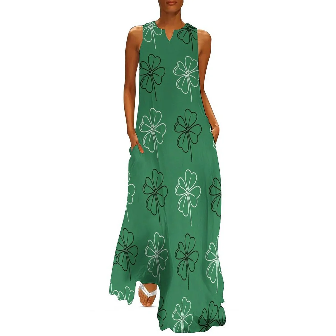 Style & Comfort for Mature Women Plus Size Printed Sleeveless Casual Women Maxi Dress with Pockets in Pattern St. Patrick's Day, Green, Clover, Lucky