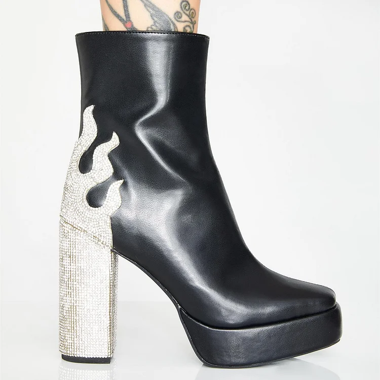 Black Chunky Heel Boots Rhinestone Ankle Boots |FSJ Shoes