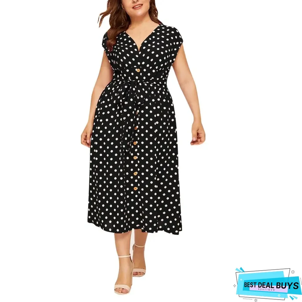 Women's Plus Size Polka Dot Dress Button Tie Waist V-Neck Skirt