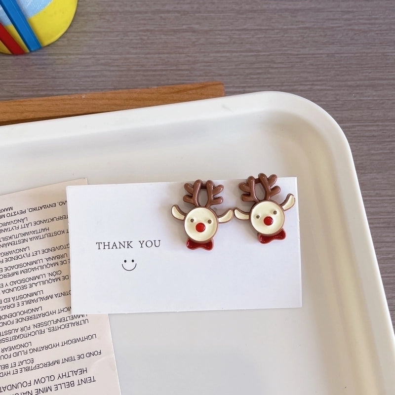 Cute Christmas Stud Earrings ~ Cartoon Santa Claus Elk Gingerbread Man Ear Clip Sweet Girl Sterling Silver Needle Earrings