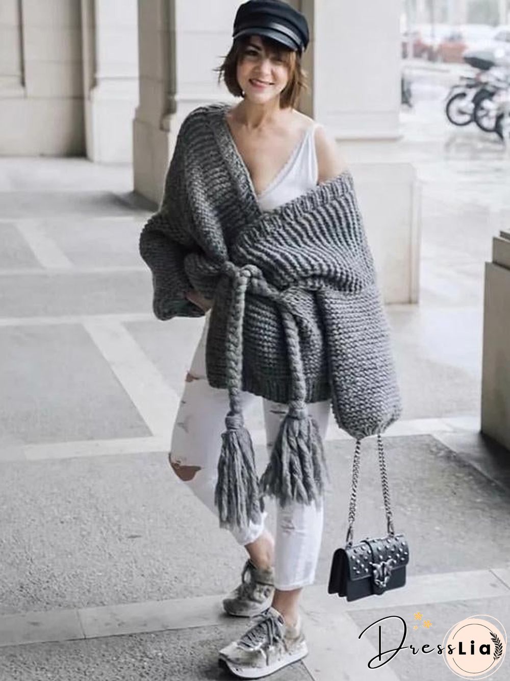 Hollow Knitting Bandage Long Sleeves Cardigan Tops