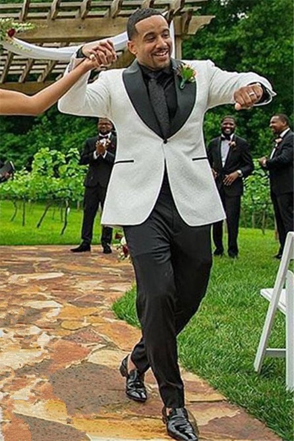 Popular One Button White Jacquard Shawl Lapel Wedding Men's Suit | Ballbellas Ballbellas