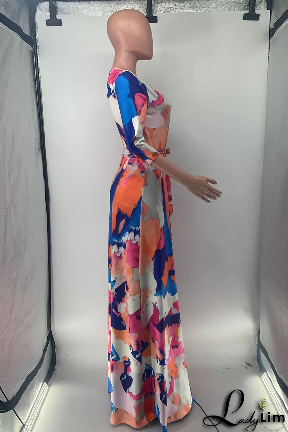 Colour Casual Print Split Joint V Neck Waist Skirt Dresses