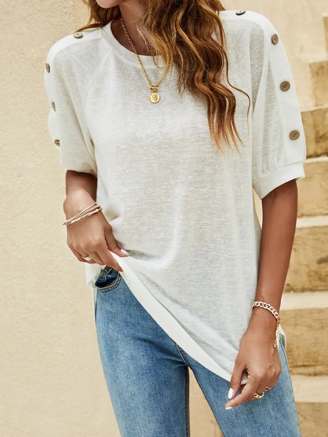 Casual Solid Button Top
