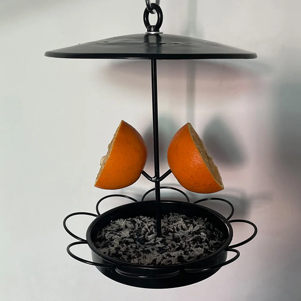 Small rainproof wrought iron bird feeder with fruit inserted outdoors