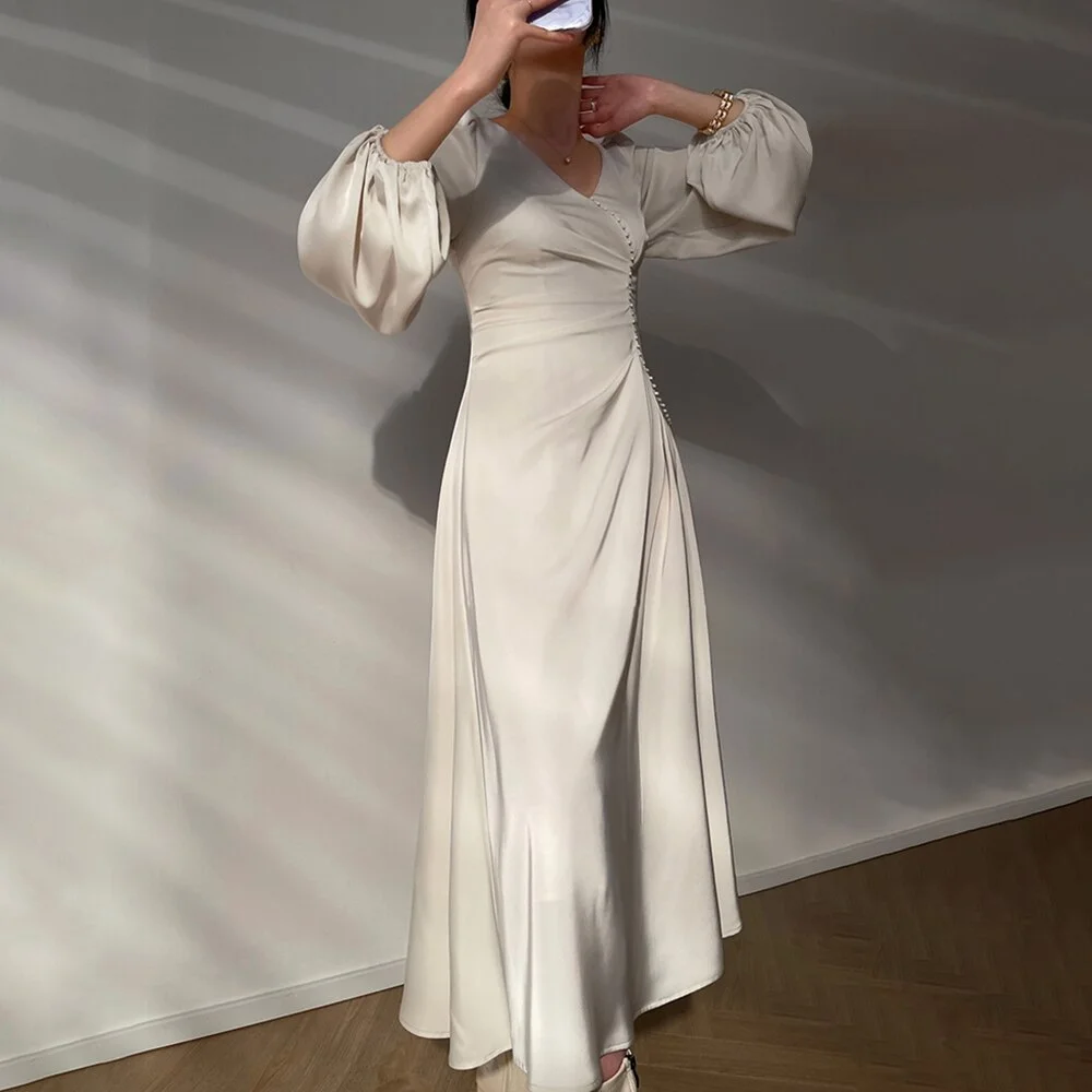 Toloer Elegant Dress For Women V Neck Lantern Sleeve High Waist Solid Ruched Minimalist Midi Dresses Female Clothing Style