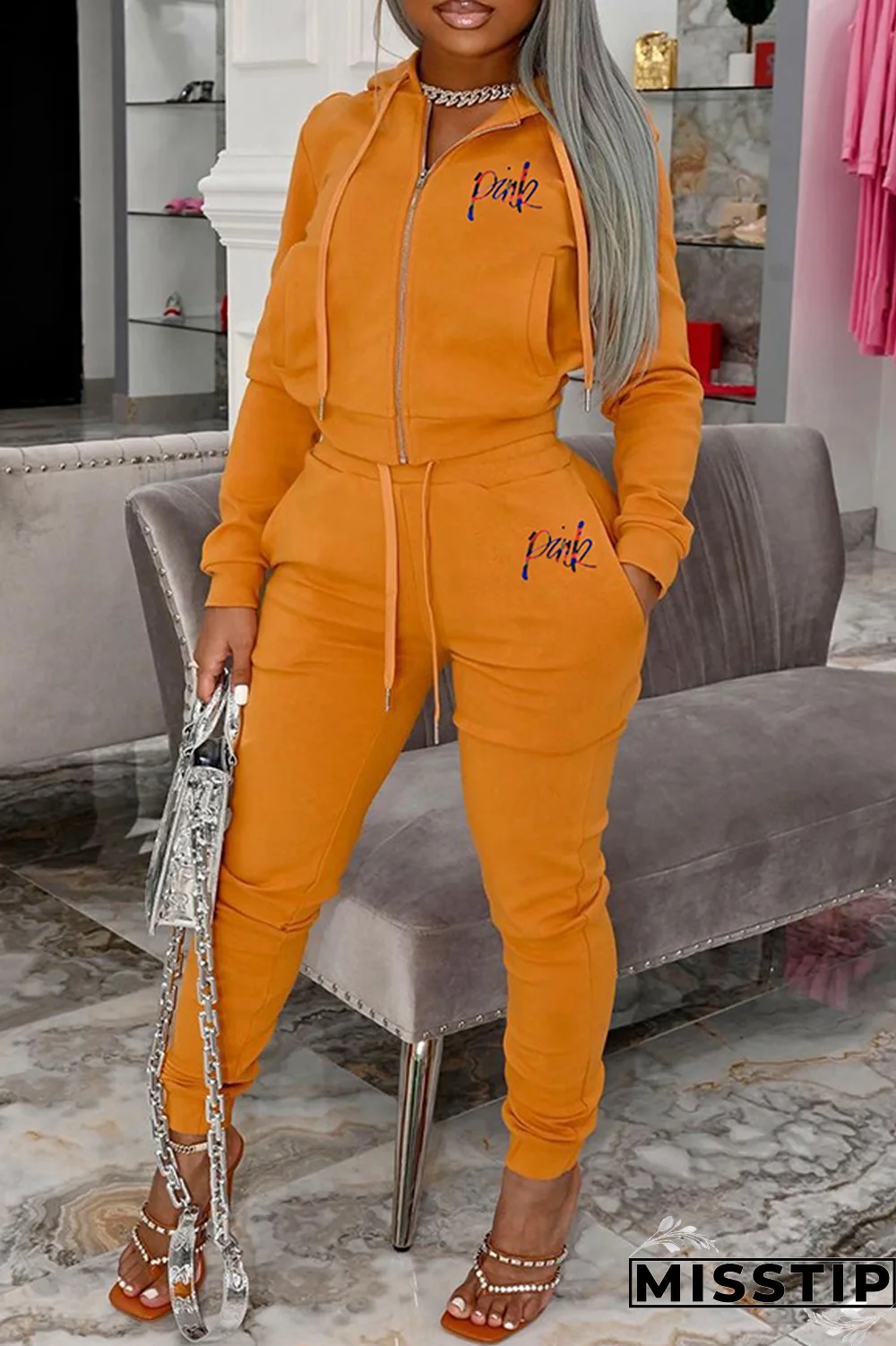 Black Casual Print Draw String Zipper Collar Long Sleeve Two Pieces