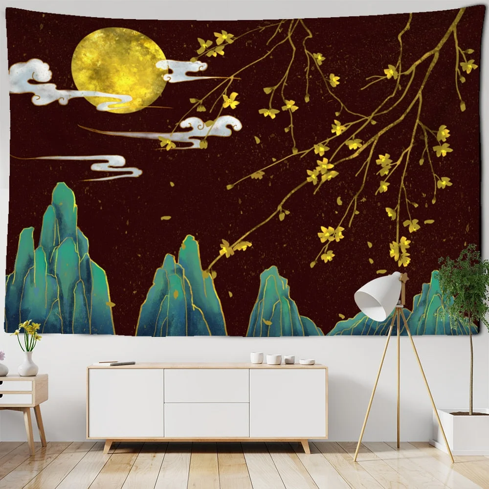 Crane Chinese Painting Blanket Tapestry Wall Hanging Bohemian Nordic Style Landscape Bedroom Home Decor