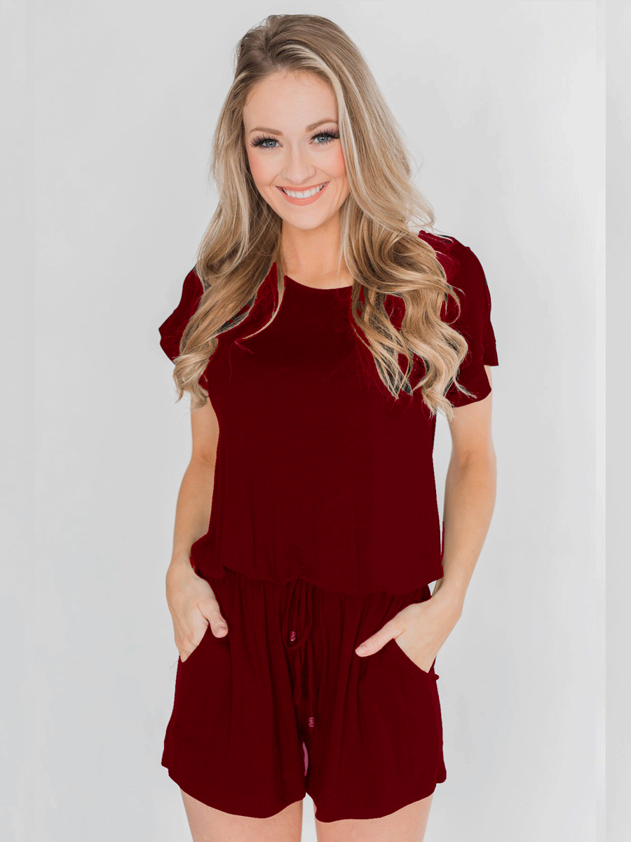 Short Sleeve Romper With Elastic Waist Tie