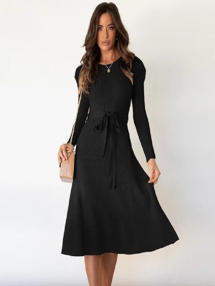 Bubble Long Sleeve Bottoming Knit Sweater Dress Black Dresses | EGEMISS