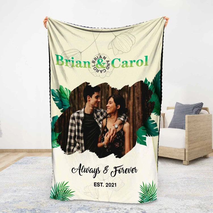 Personalized Couple Blanket Engrave Photo Forever & Always Sweet Gift For Her