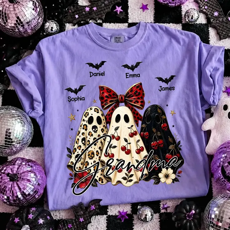 Personalized Grandma Halloween Ghost T-Shirt with Grandkids&rsquo; Names