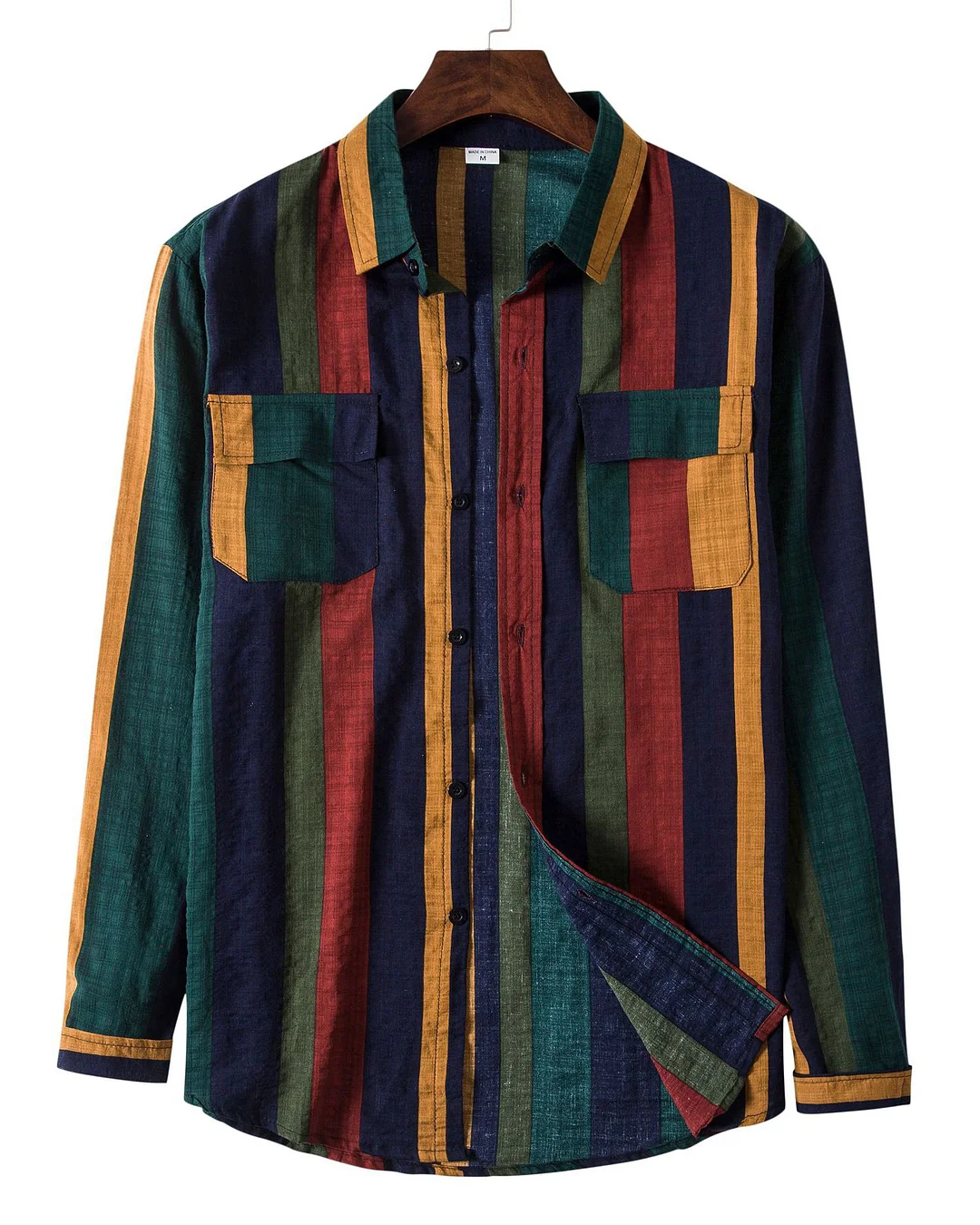 Men's Cotton Linen Vintage Striped Double Pocket Long Sleeve Shirt 0205