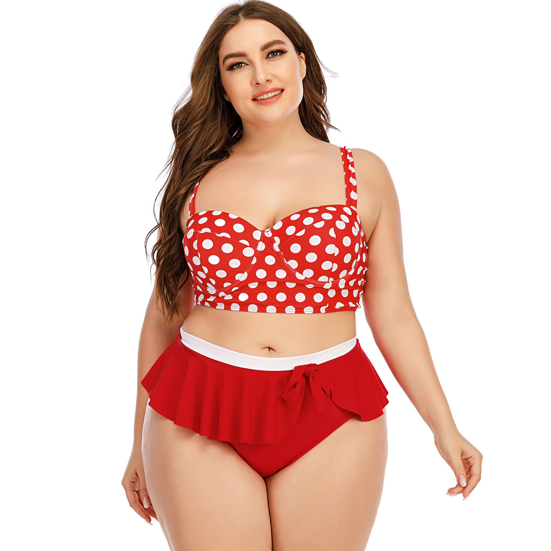 Plus Size Bikini Retro Dots Steel Bracket High Waist Flying Side Split Swimsuit Women Woman