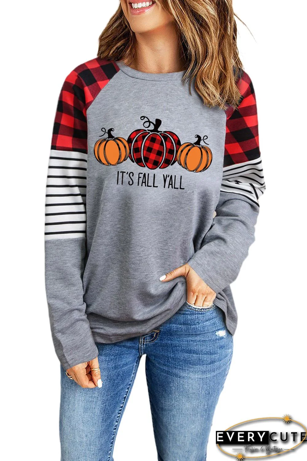 Gray Fall Cute Pumpkin Graphic Plaid Striped Sleeve Pullover