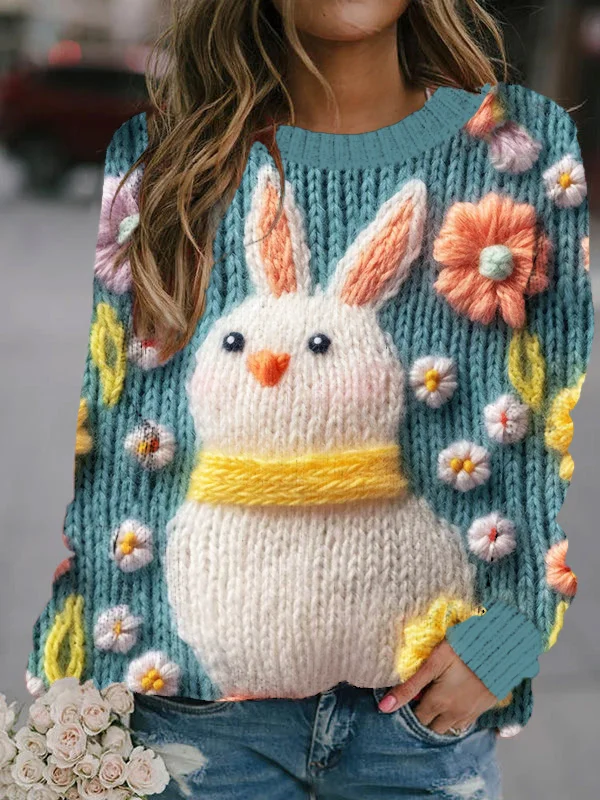 VChics Cute Floral Easter Bunny Embroidery Art Cozy Sweater