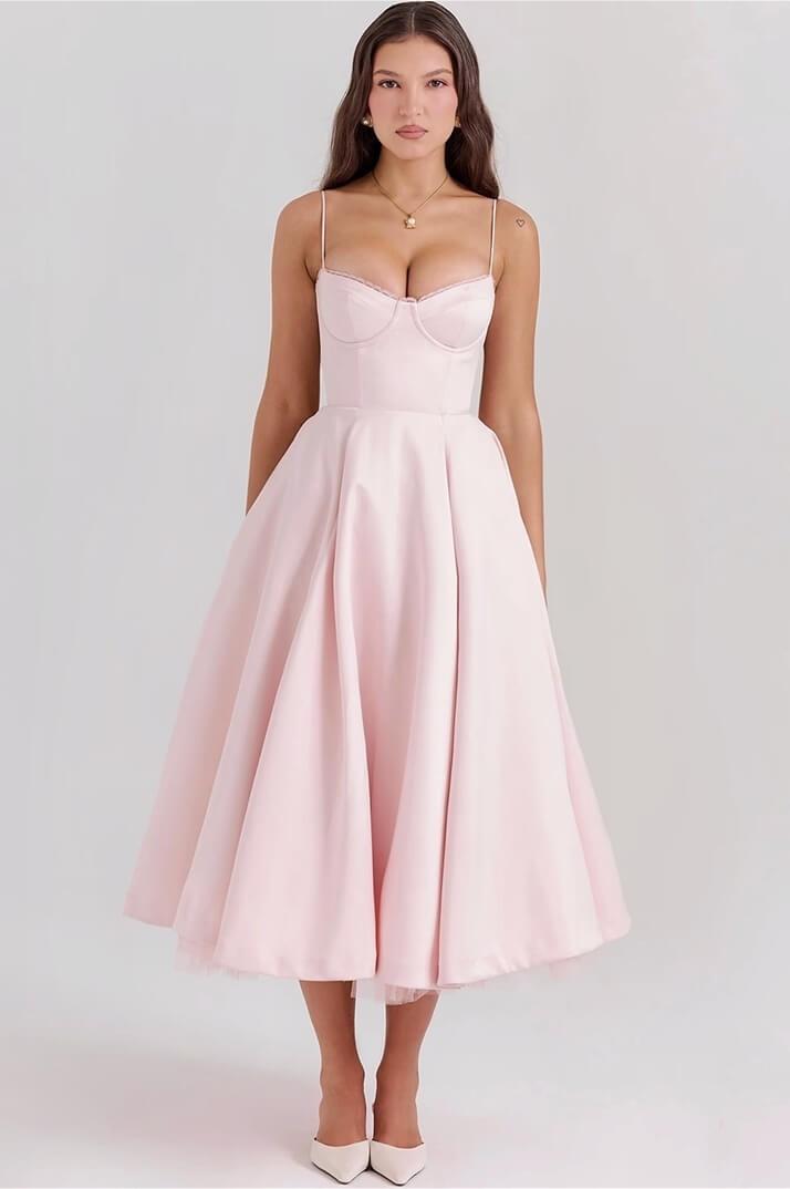Lussooy Satin Spaghetti Strap Beautiful Blushing Pink Sweetheart Sleeveless A Line Prom Dress with Tulle 