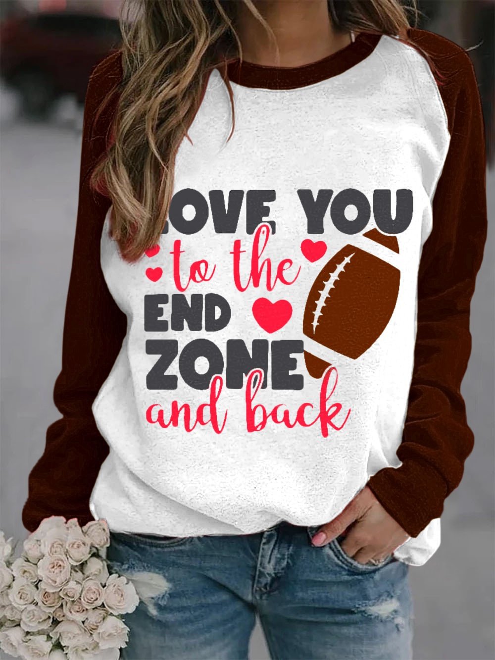 LOVE YOU TO THE END ZONE AND BACK Print Track Sweatshirt