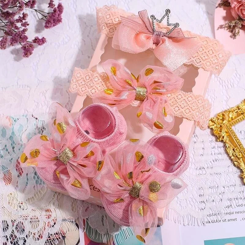 3Pcs/Set Lace Flower Baby Girl Headband Socks Set Crown Bows Newborn Hairband Headbands For Girls Turban Baby Hair Accessories