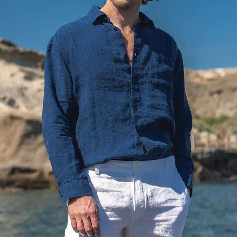 Men's Light Linen Navy Long Sleeve Shirt