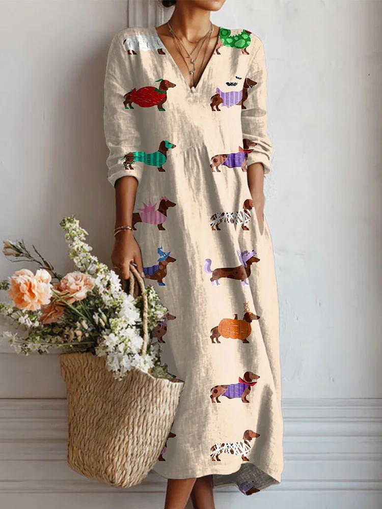 Women's Vintage Dachshund Art Print Linen Pocket Dress