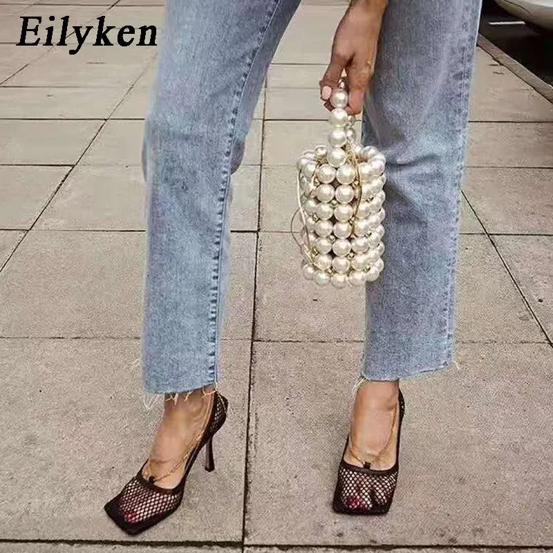 Eilyken Summer Autumn Sexy Mesh Pumps sandals Female Square Toe high heel Chain Stiletto hollow Party Dress Pumps shoes 7CM
