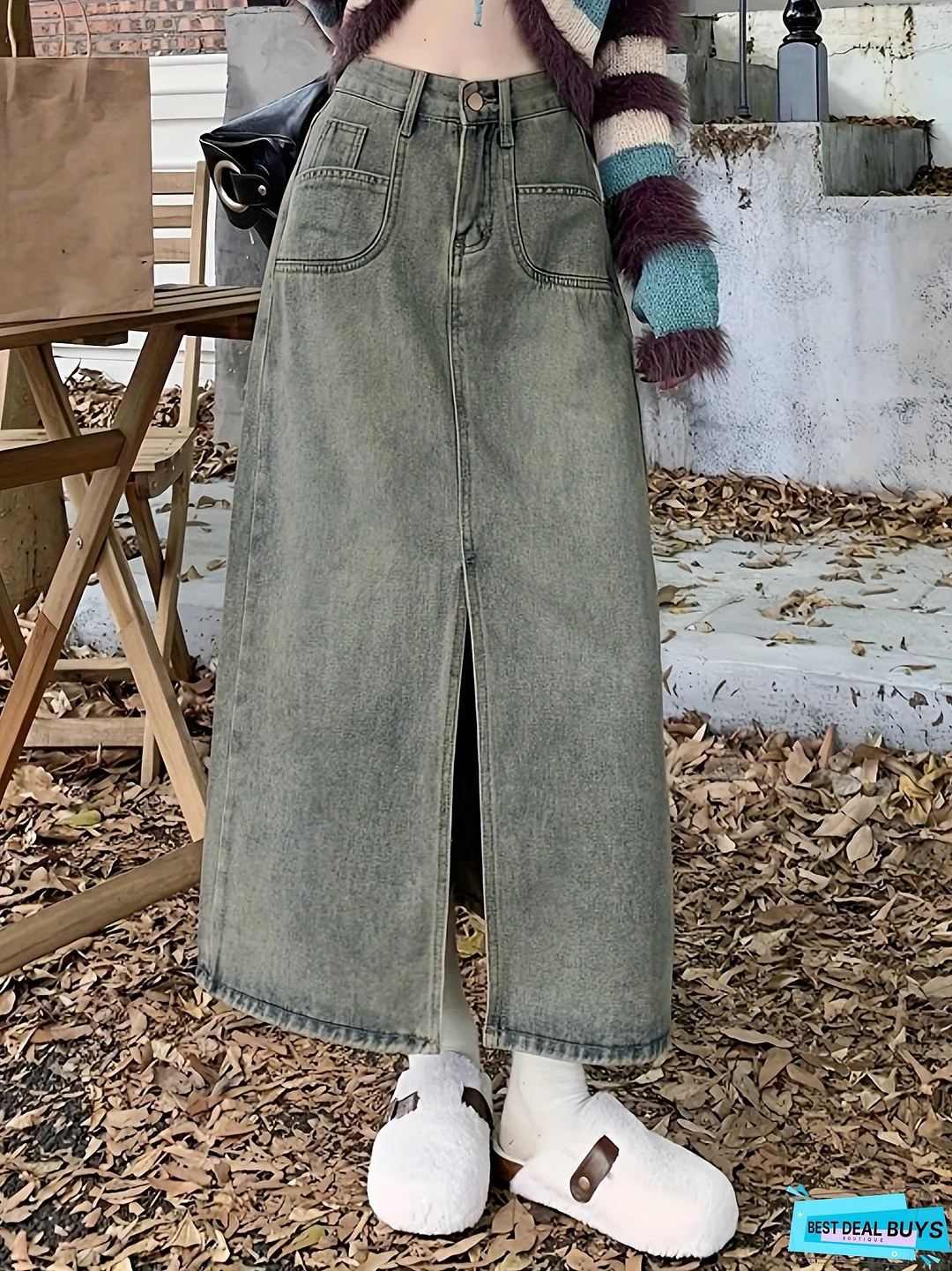 Split Hem Vintage Washed Maxi Denim Skirt, High Rise Versatile Denim Skirt, Women's Denim Jeans & Clothing