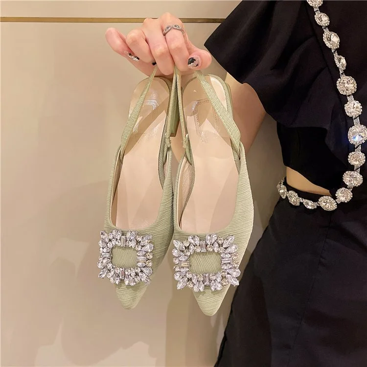 Wongn Wongn Summer New Fashion Rhinestone Square Buckle Tip Baotou Flat Sandal Women's Shoes