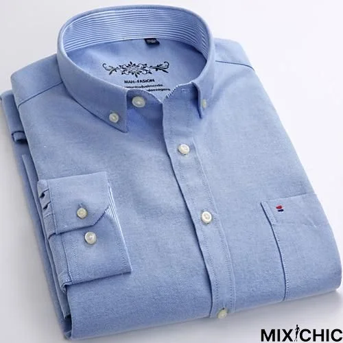 Mens Long Sleeve Solid Oxford Dress Shirt with Left Chest Pocket High-Quality Male Casual Regular-Fit Tops