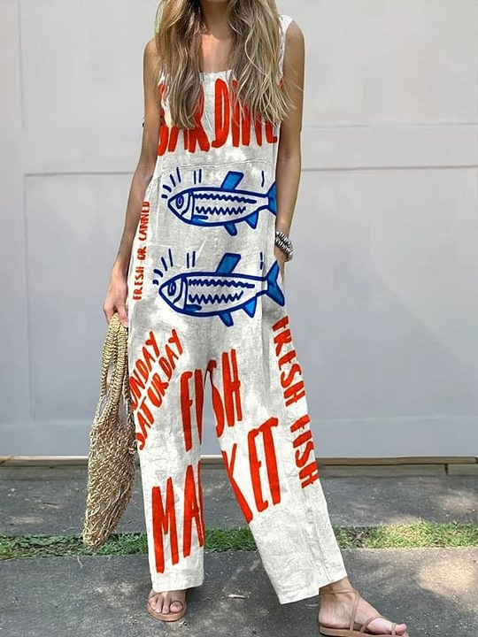 Women's Vintage Fish Sardines Art Print Casual 100% Cotton Wide Leg Jumpsuit
