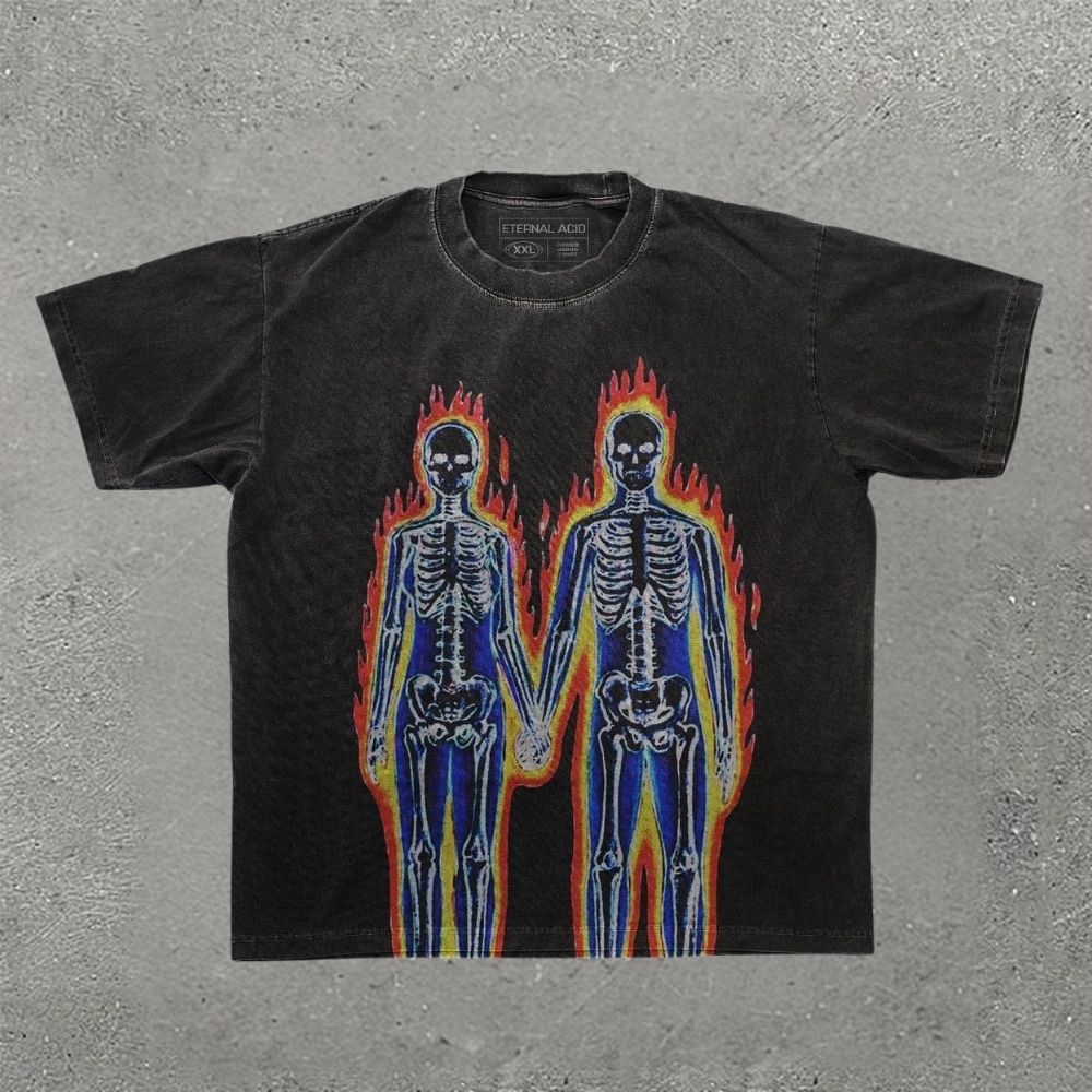 Flaming Skeleton Couple Print T-Shirt