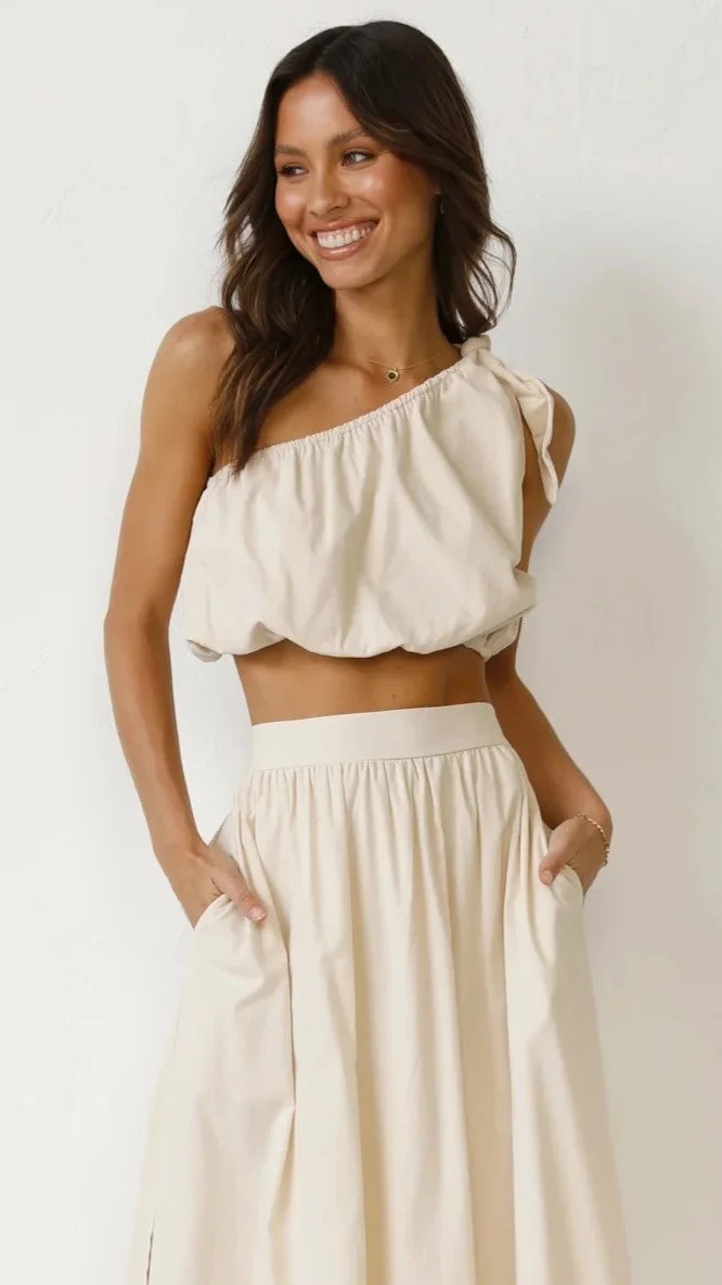 Beige One Shoulder Crop Top