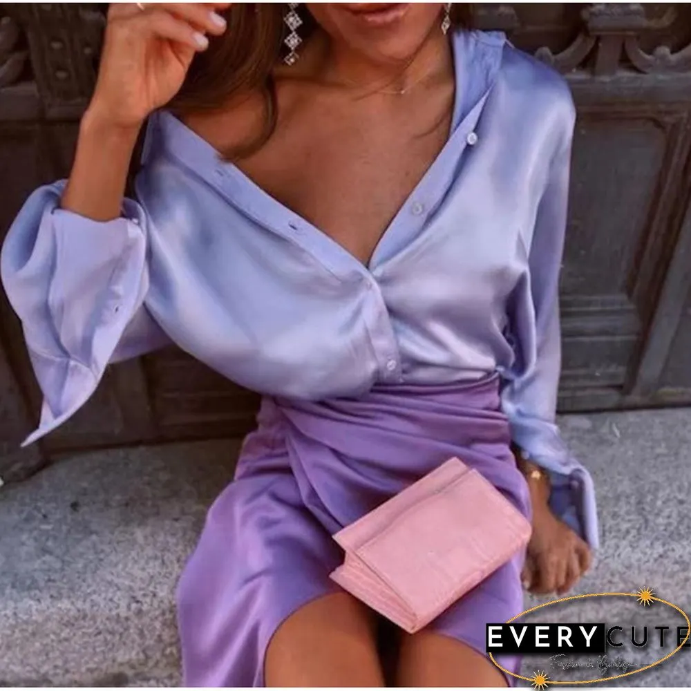Women Elegant Satin Solid Long Sleeve Blouses Female Spring Vintage Loose Straight Buttons